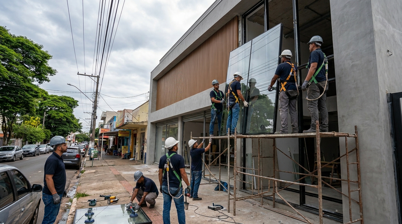 Fachada de vidro com andaime lateral em Asa Norte-DF