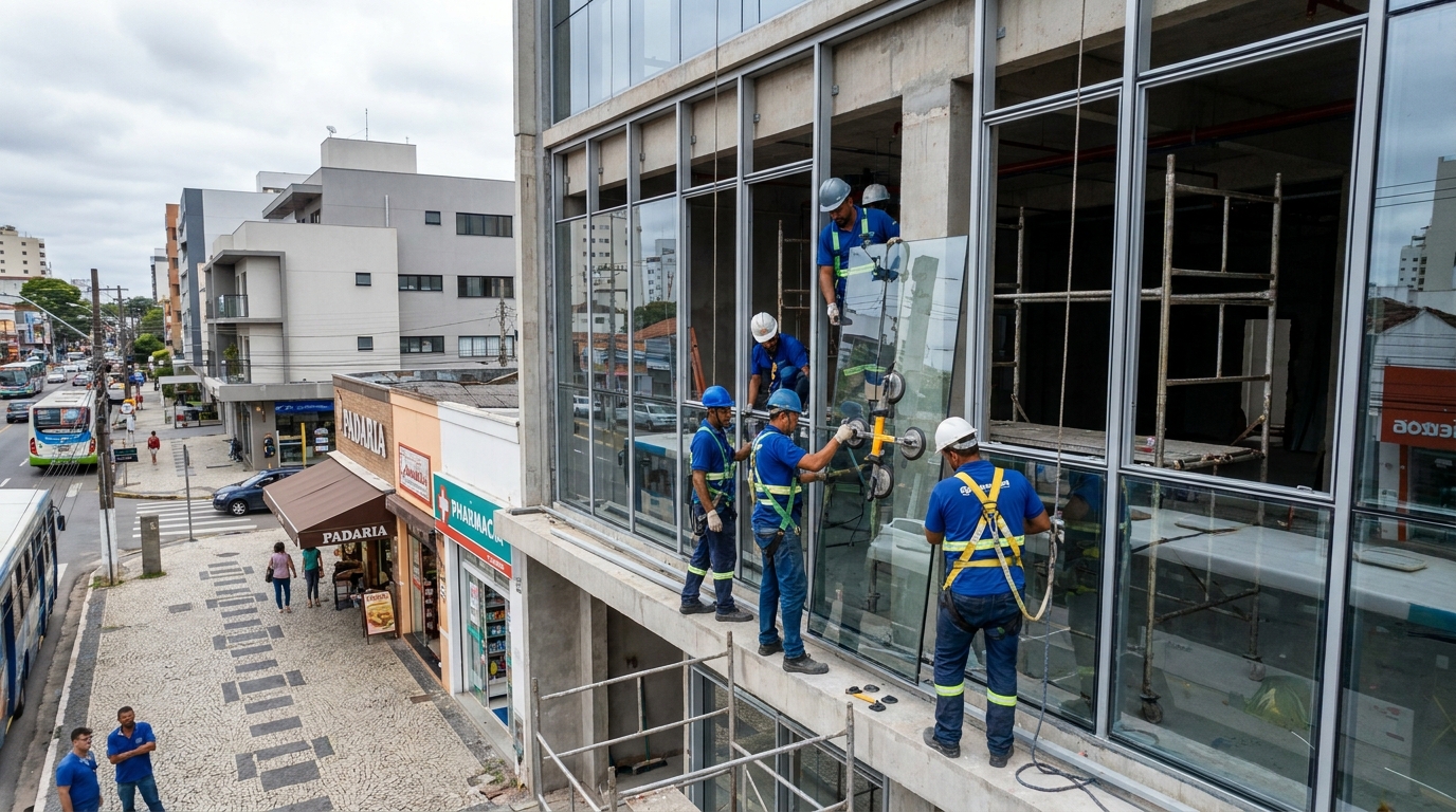 Fachada de vidro com padaria em frente em Asa Norte-DF