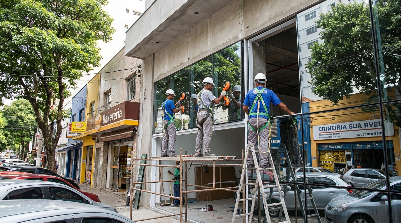 Fachada de vidro com confeitaria vizinha em Asa Norte-DF