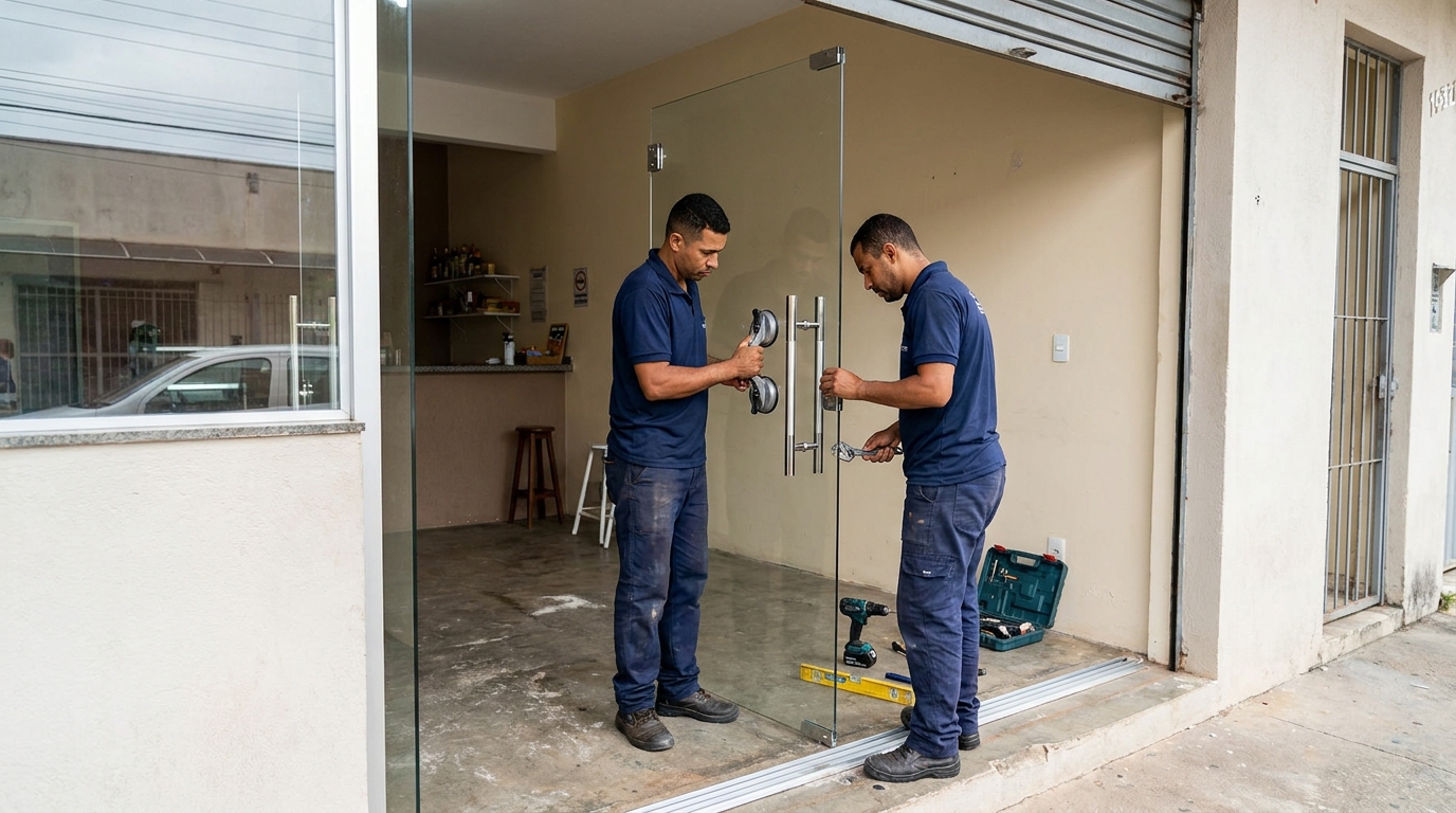 Dupla instalando porta de vidro em loja em Asa Norte-DF