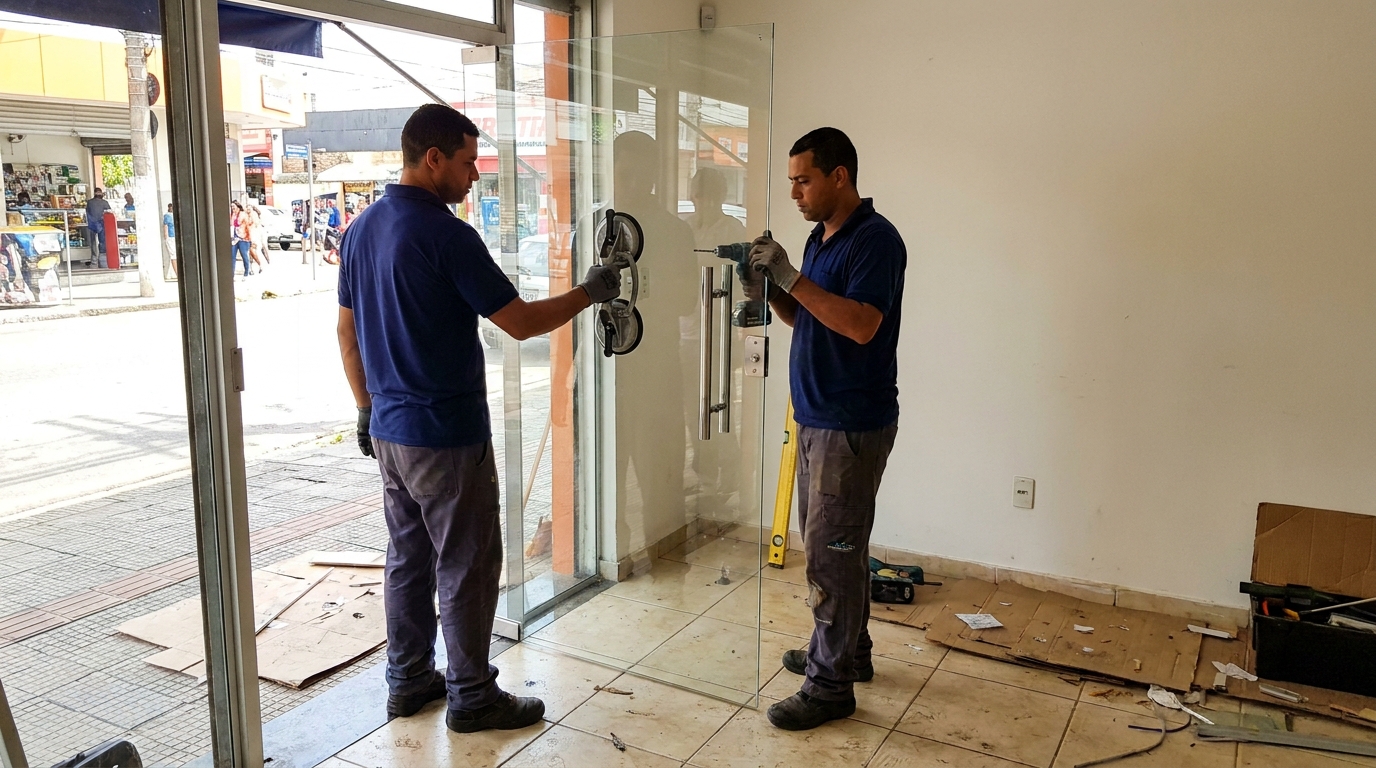 Porta de vidro de loja em rua movimentada em Asa Norte-DF